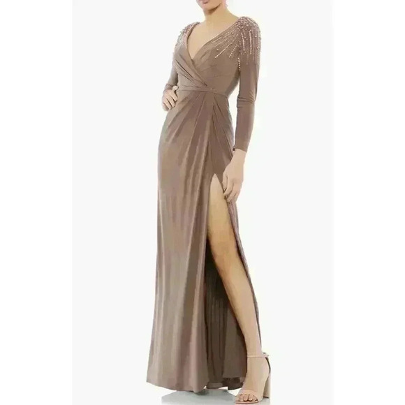 MAC DUGGAL GOWN 18 MAXI DRESS 55715 MOCHA FAUX WRAP JERSEY EMBELLISHED CRYSTALS - Picture 2 of 13